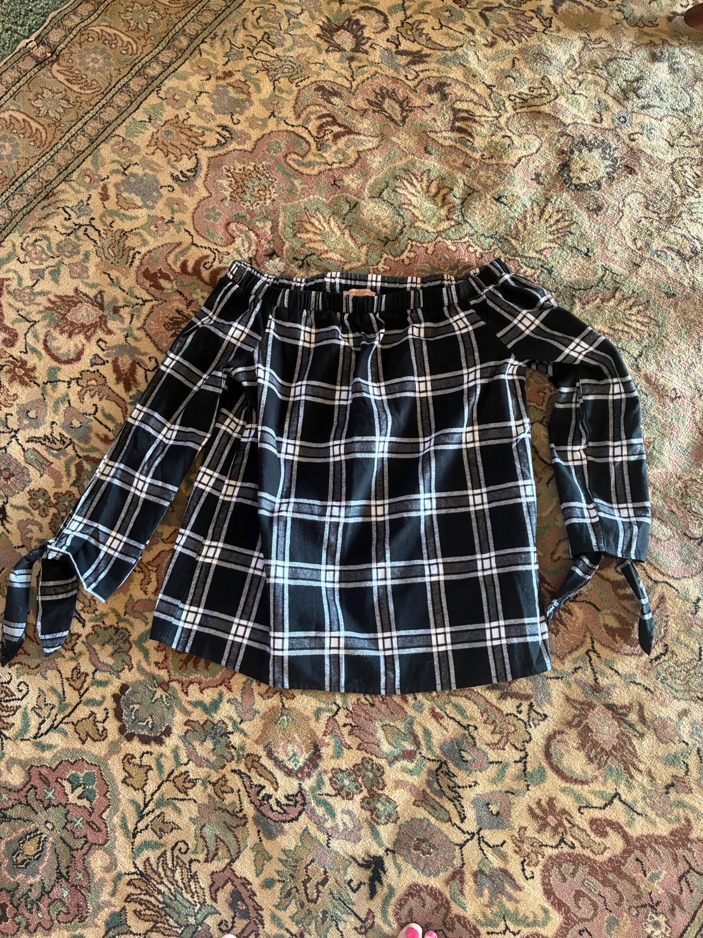 Gibson Latimer Black and White Plaid Off the Shoulder Top